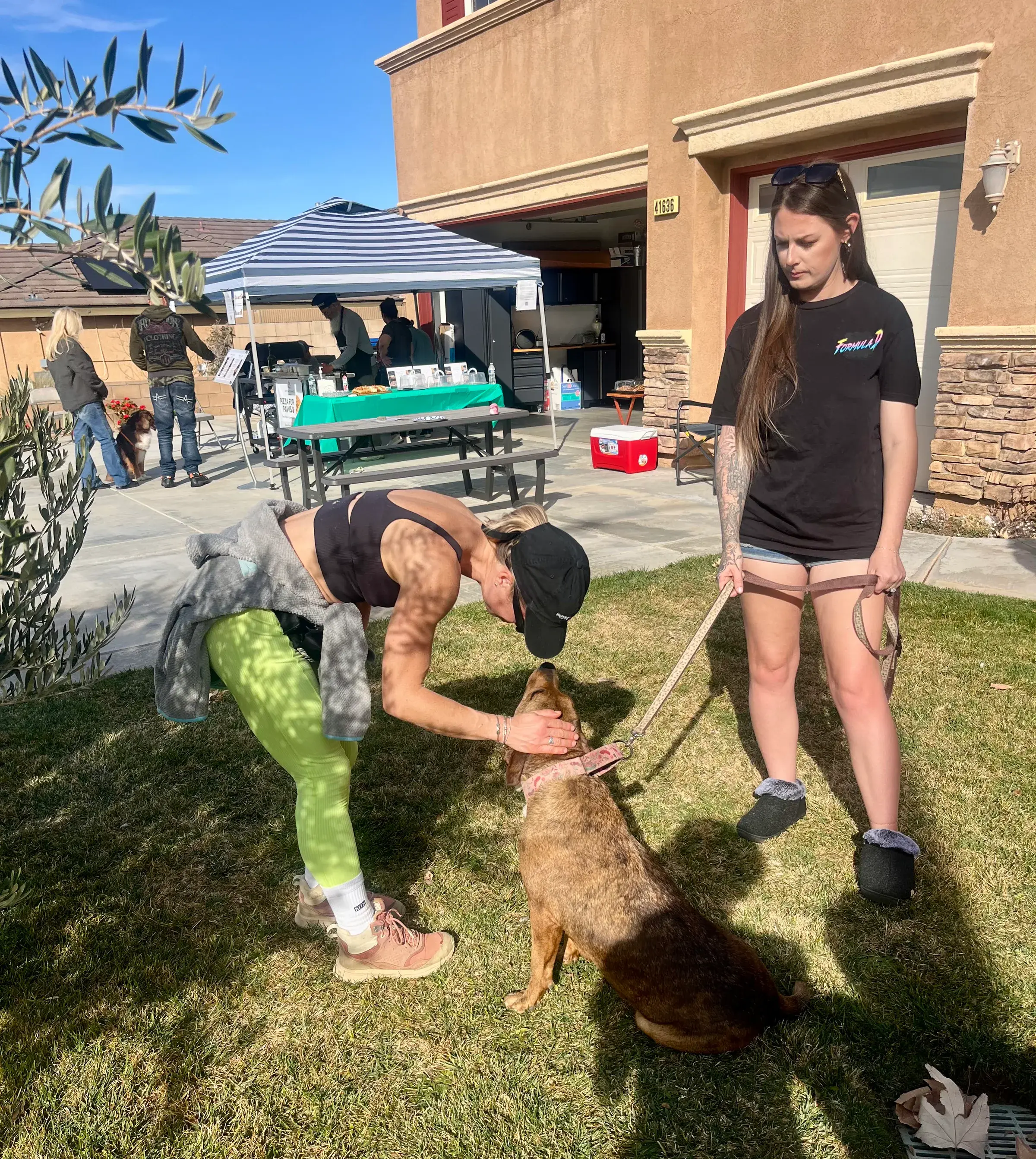 A guest greeting a rescue dog while a Paw Parent volunteer holds its leash