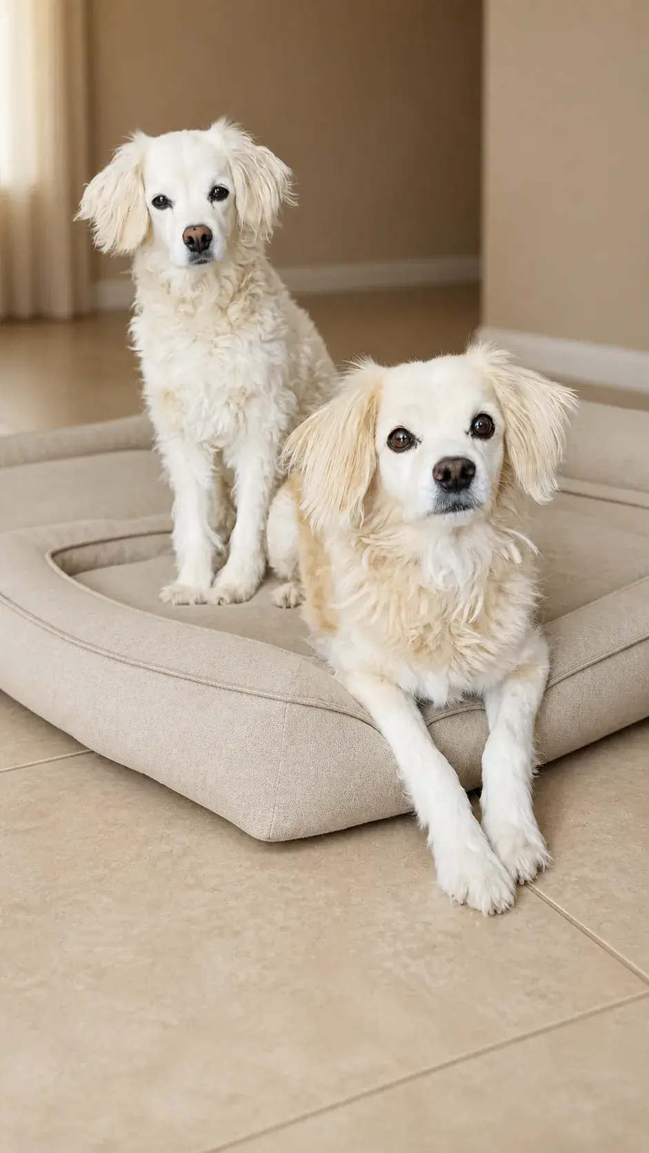 Pharaoh and Pluto resting together on their bed at home